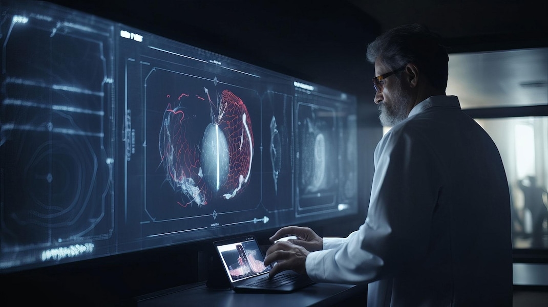 Männlicher Arzt schaut auf einen futuristischen Computerbildschirm