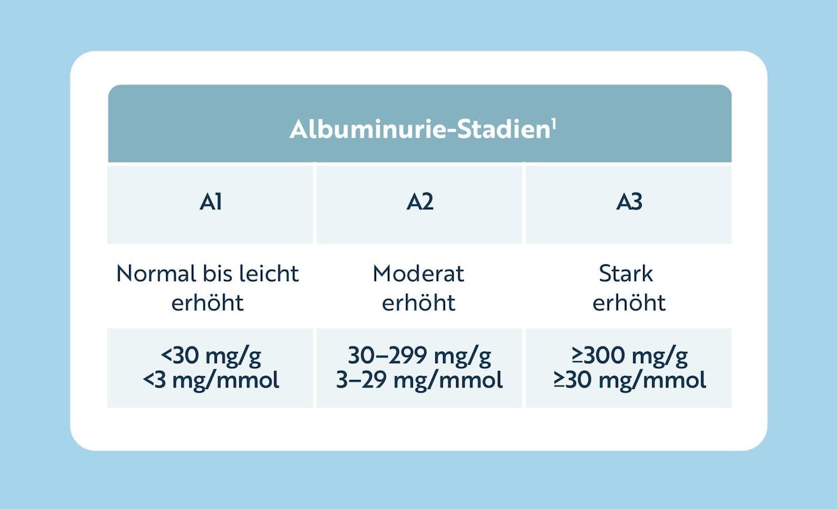 Albuminurie-Stadien: Normal bis leicht erhöht, Moderat erhöht, Stark erhöht