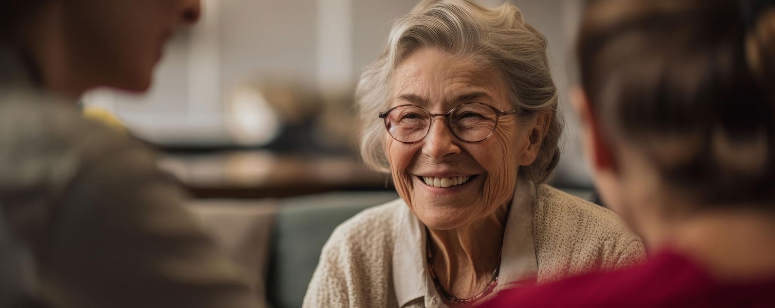 elderly woman smiling during conversation