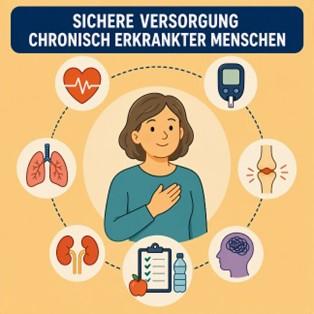 Sichere Versorgung chronisch erkrankter Menschen Abbildung eines Menschen mit Piktogrammen darum, die die Themen einer sicheren Versorgung chronisch erkrankter Menschen darstellen