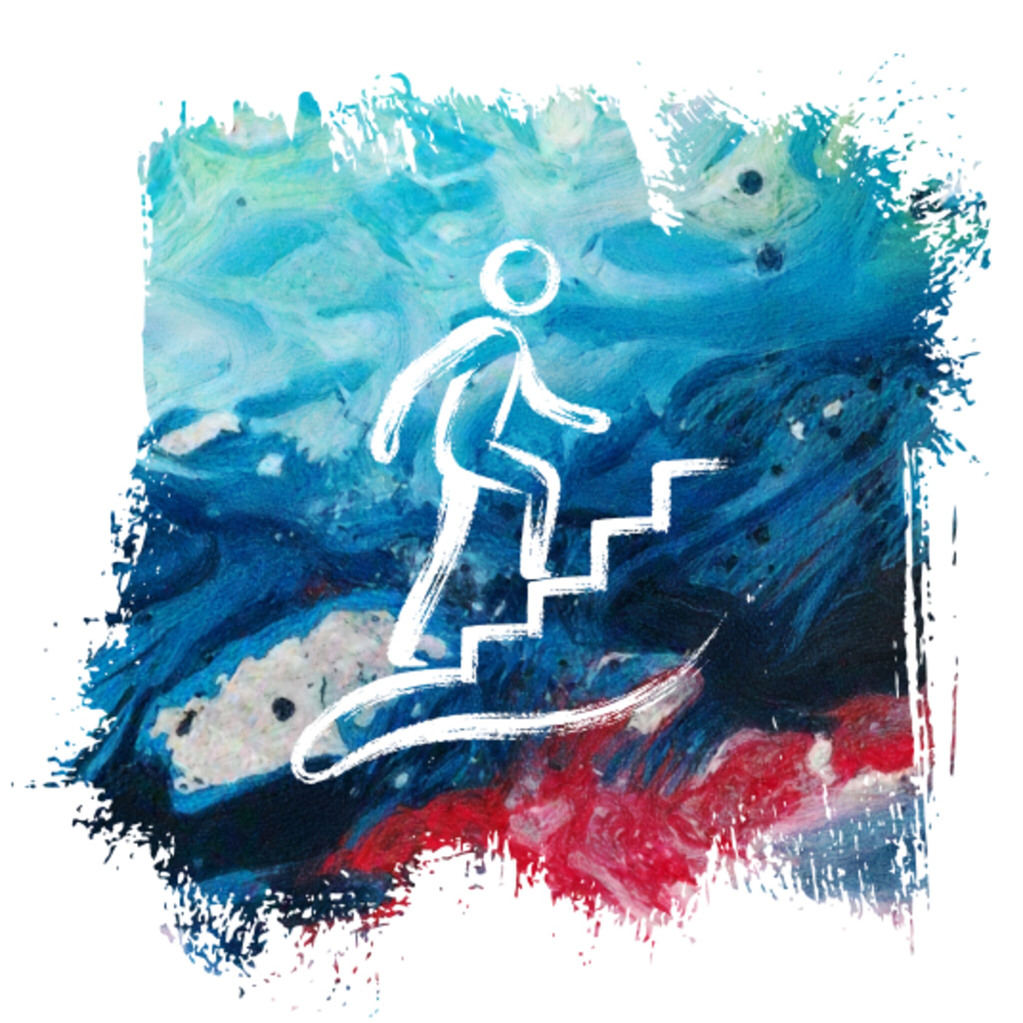 Icon Person steigt eine Treppe hinauf mit blau-rotem Hintergrund